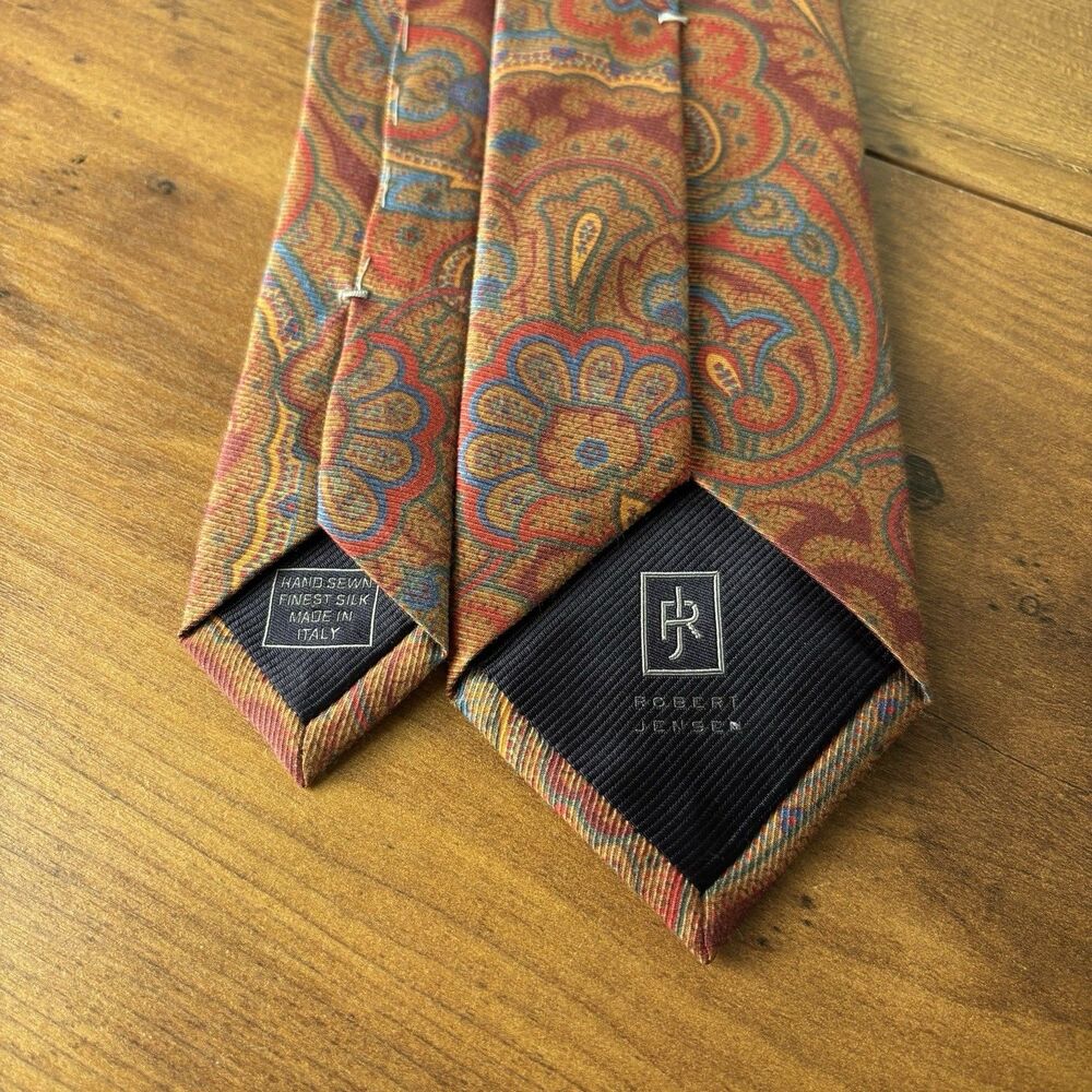 Robert Jensen Mens Silk Necktie Burgundy Red Blue Gold Paisley Pattern Italian - Picture 8 of 8